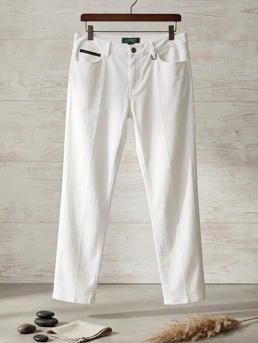Lauren Ralph Lauren White Straight-Leg Pants with Leather Detail - Size 12